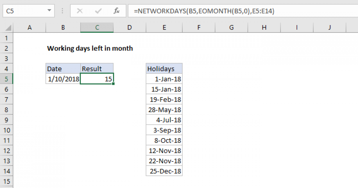 Working days left in month Excel formula Exceljet
